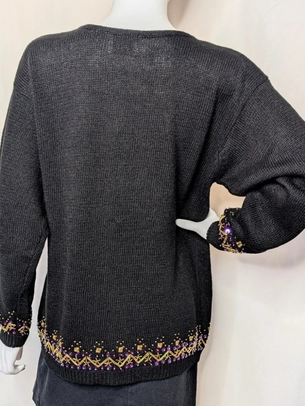 Vintage Marnie West Black Purple Beaded Sequin Sweater | L - Picture 6 of 12